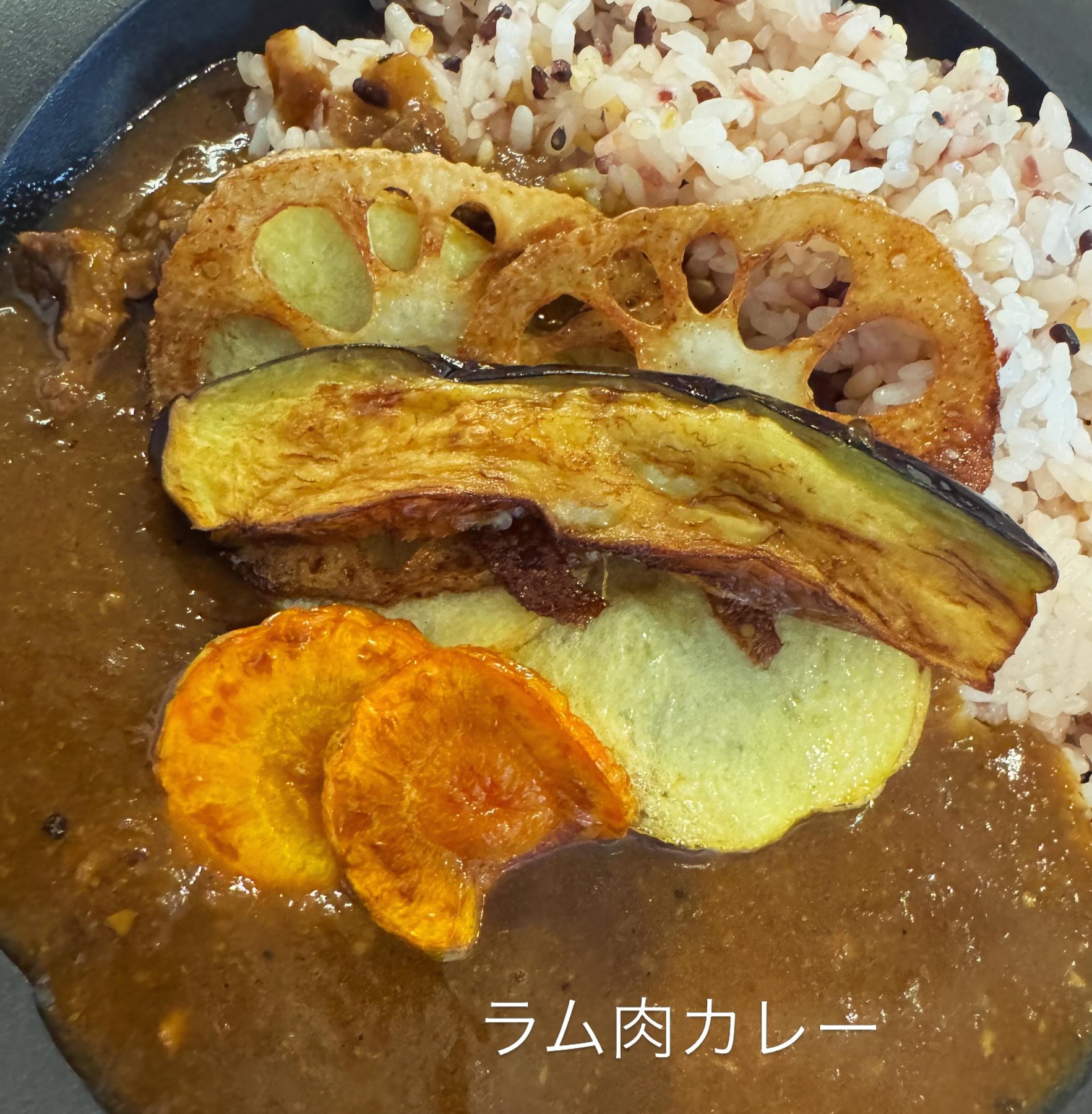 れんこんとなすをのせたラム肉カレー
